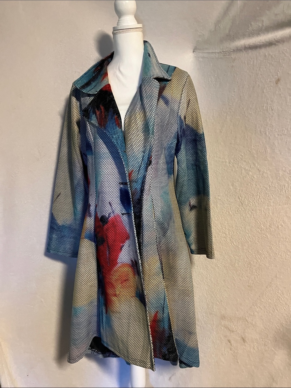 Radzoli Multicolor Abstract Printed Trench Coat with Blue and Red Accents